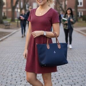 J. CREW Red Navy Stripped Coast Preppy Stretch Coastal Dress Sz 8 Country Club